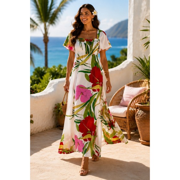 Malama Sophisticates Hawaii Dresses & Skirts - VINTAGE‎ 70s Malama Sophisticates Hawaii Maxi Dress M Hibiscus Smocked Tropical